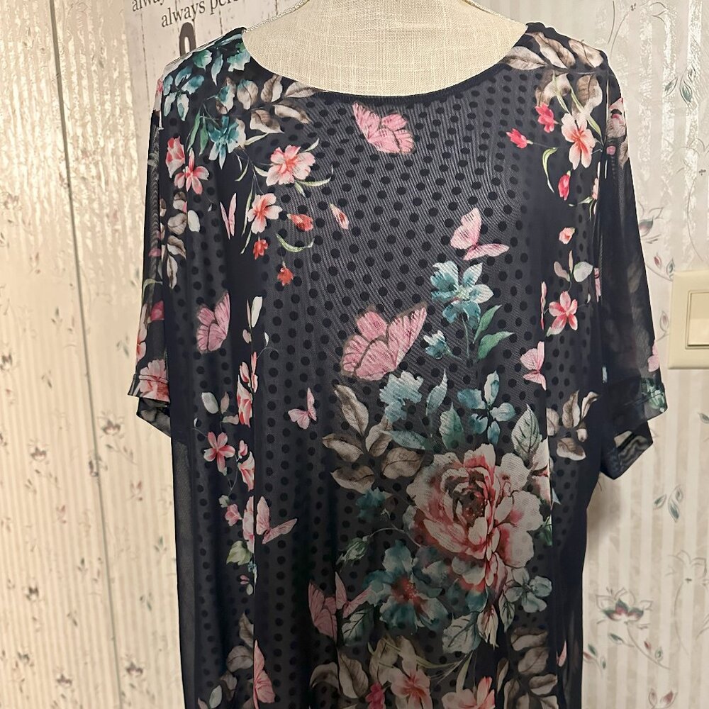 Catherine's Floral Polka Dot Shirt Top Size 2XWP  Sheer Short Sleeve